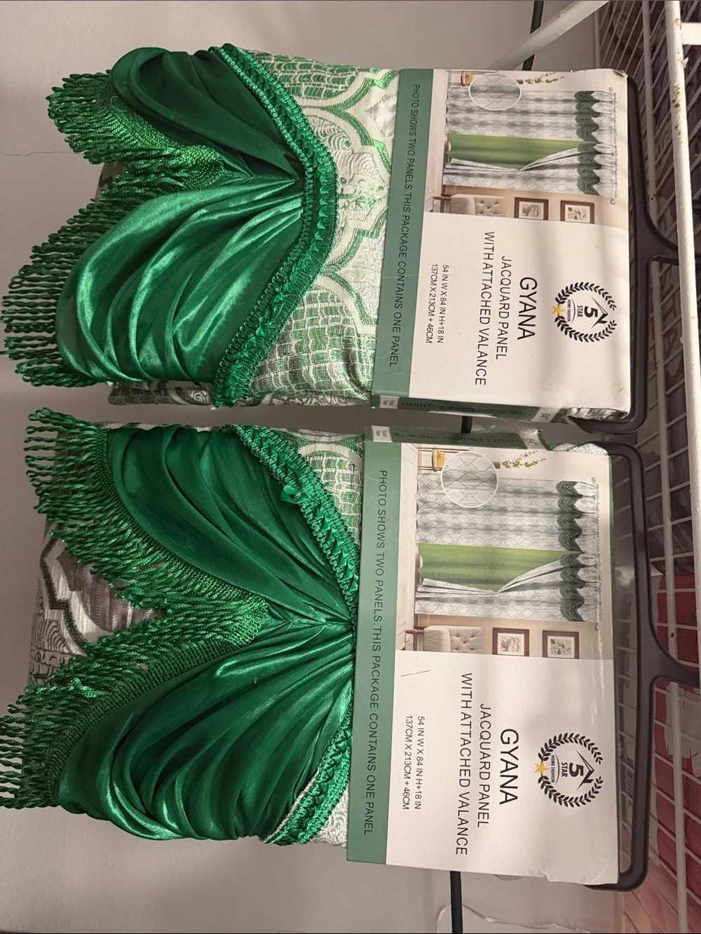 Emerald Green Jacquard Curtain Panel with Attached Valance